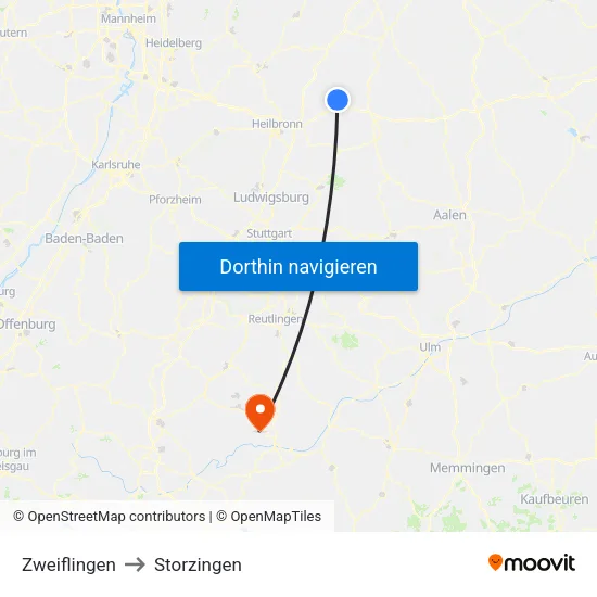Zweiflingen to Storzingen map