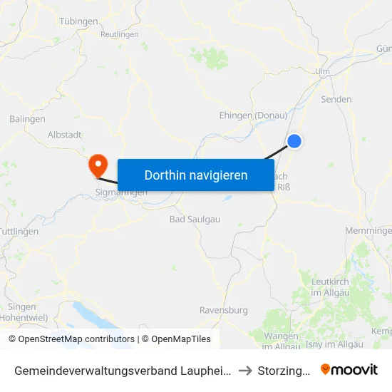 Gemeindeverwaltungsverband Laupheim to Storzingen map
