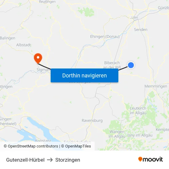 Gutenzell-Hürbel to Storzingen map