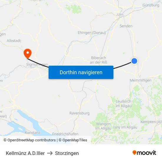 Kellmünz A.D.Iller to Storzingen map