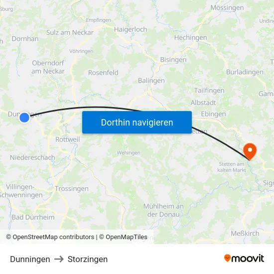 Dunningen to Storzingen map