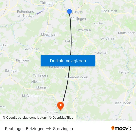 Reutlingen-Betzingen to Storzingen map