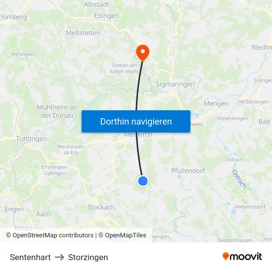 Sentenhart to Storzingen map
