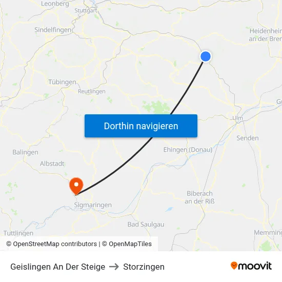 Geislingen An Der Steige to Storzingen map