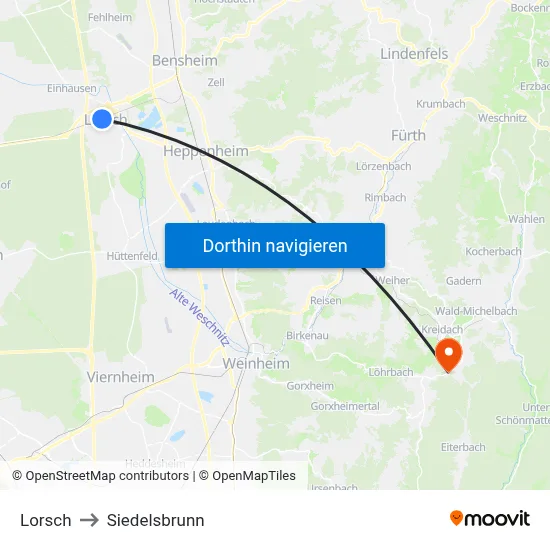 Lorsch to Siedelsbrunn map