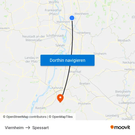 Viernheim to Spessart map