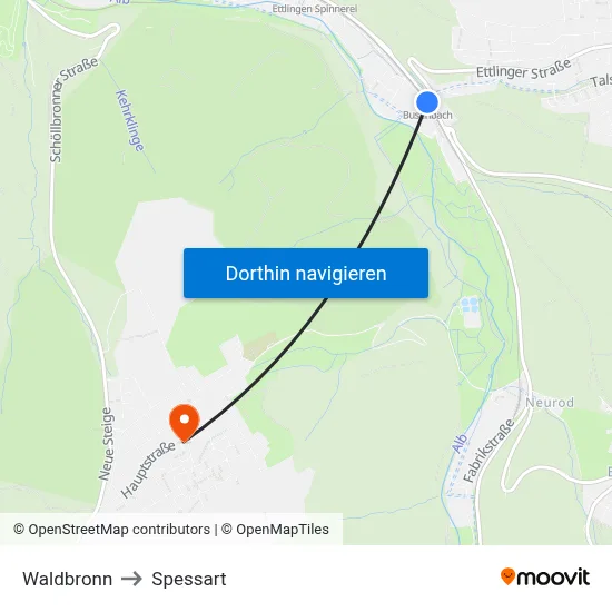 Waldbronn to Spessart map