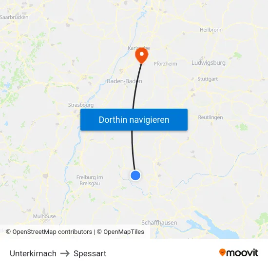 Unterkirnach to Spessart map