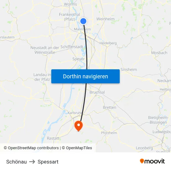 Schönau to Spessart map