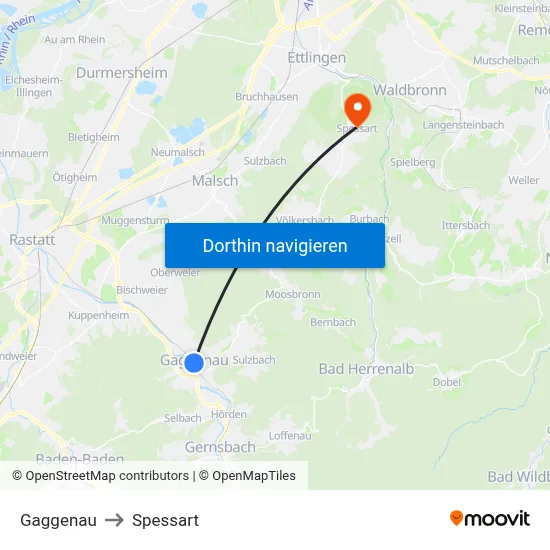 Gaggenau to Spessart map