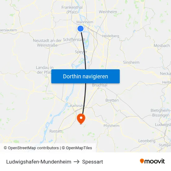 Ludwigshafen-Mundenheim to Spessart map