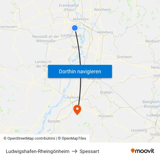 Ludwigshafen-Rheingönheim to Spessart map