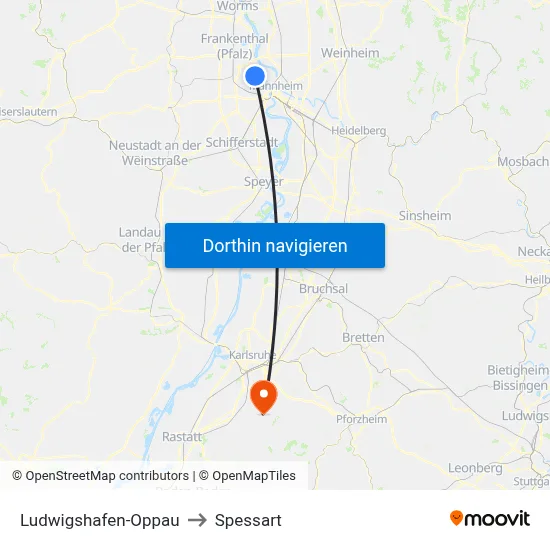 Ludwigshafen-Oppau to Spessart map