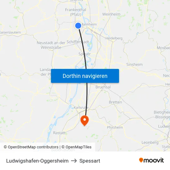 Ludwigshafen-Oggersheim to Spessart map