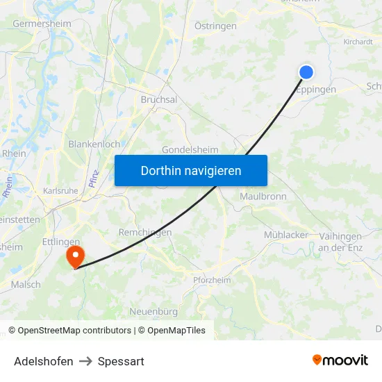 Adelshofen to Spessart map