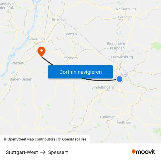 Stuttgart-West to Spessart map