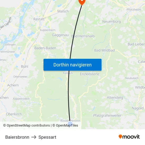 Baiersbronn to Spessart map