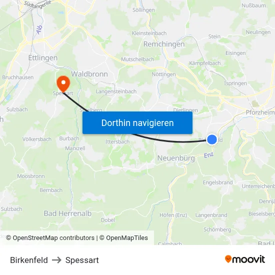 Birkenfeld to Spessart map