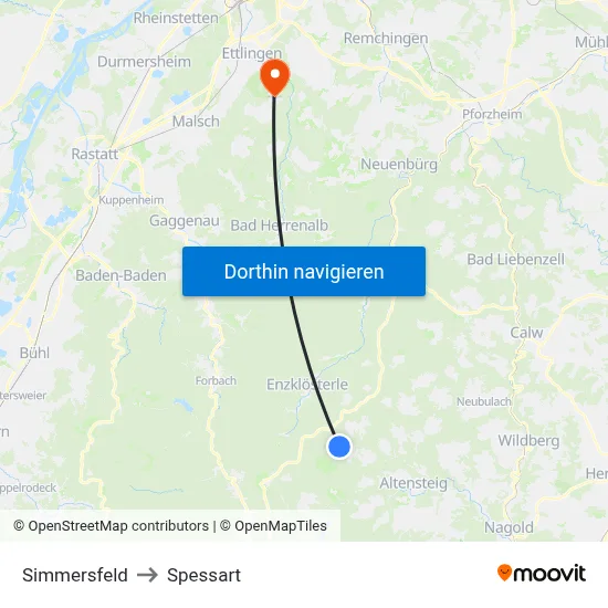 Simmersfeld to Spessart map
