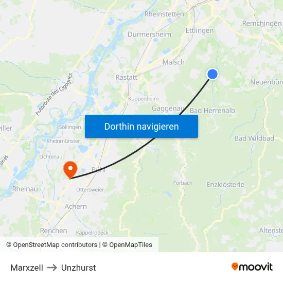 Marxzell to Unzhurst map