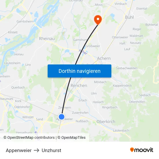 Appenweier to Unzhurst map