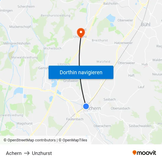 Achern to Unzhurst map
