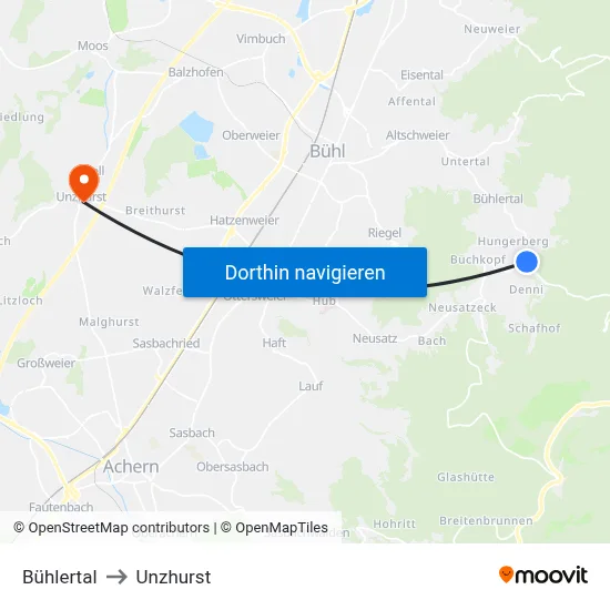 Bühlertal to Unzhurst map