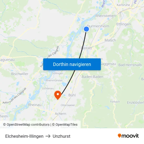 Elchesheim-Illingen to Unzhurst map