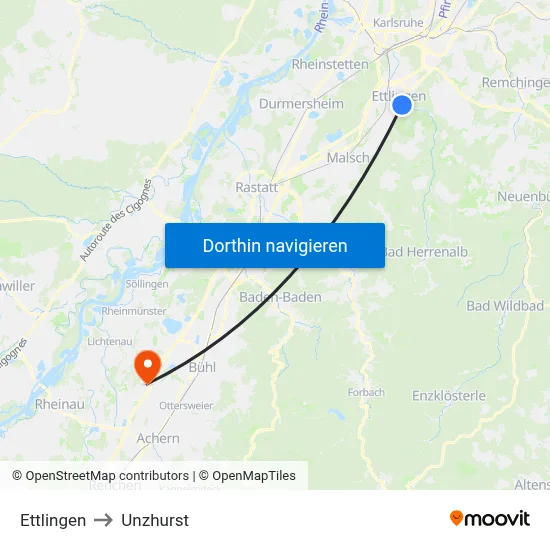 Ettlingen to Unzhurst map