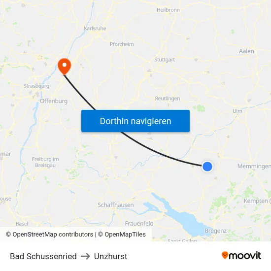 Bad Schussenried to Unzhurst map