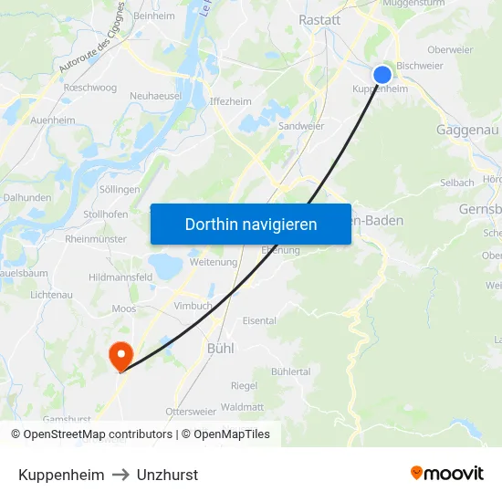 Kuppenheim to Unzhurst map