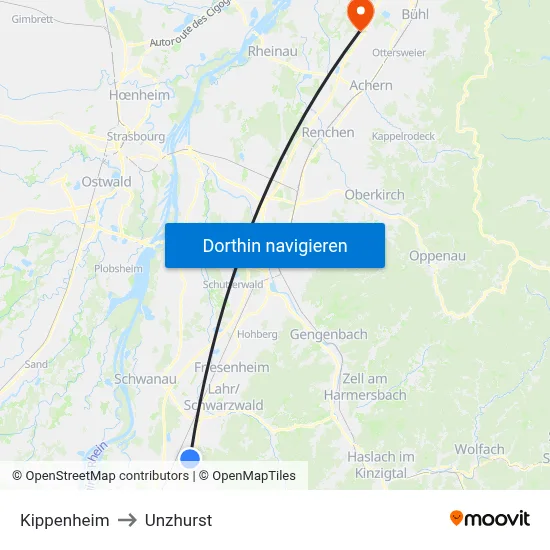 Kippenheim to Unzhurst map