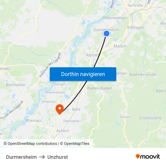 Durmersheim to Unzhurst map