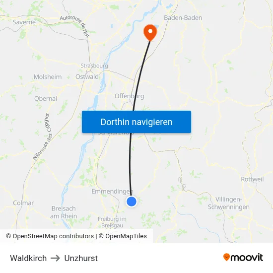 Waldkirch to Unzhurst map
