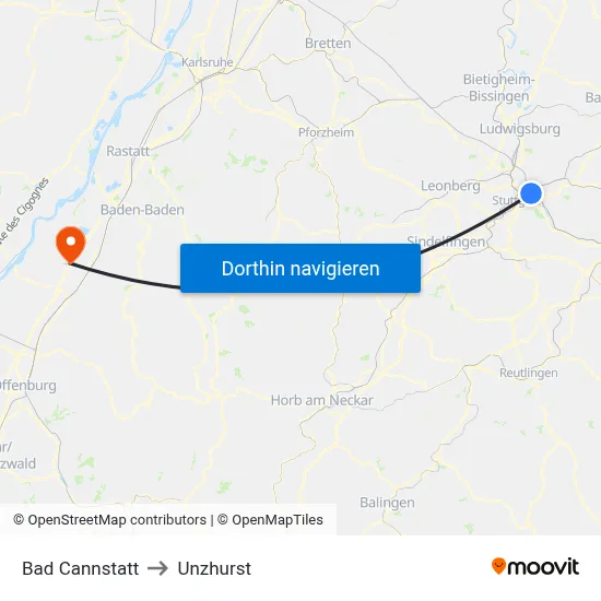 Bad Cannstatt to Unzhurst map
