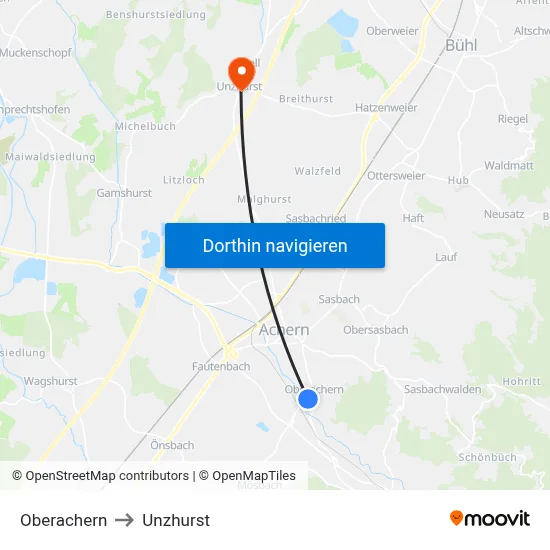 Oberachern to Unzhurst map