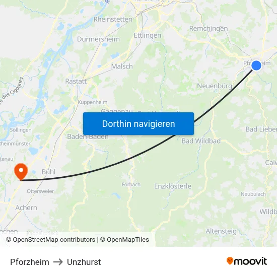 Pforzheim to Unzhurst map