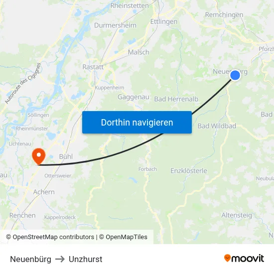 Neuenbürg to Unzhurst map