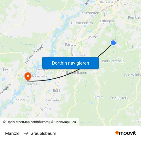 Marxzell to Grauelsbaum map