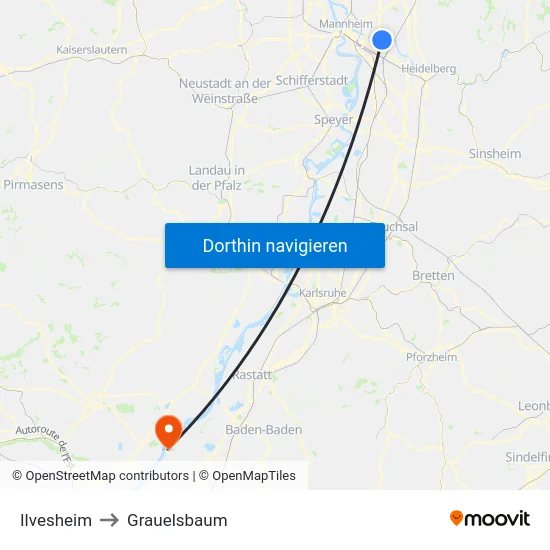 Ilvesheim to Grauelsbaum map