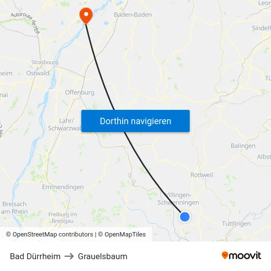 Bad Dürrheim to Grauelsbaum map