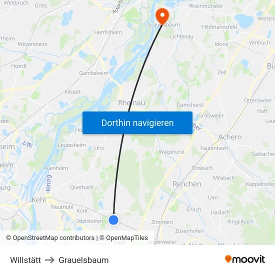Willstätt to Grauelsbaum map