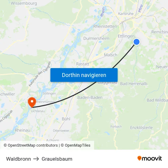 Waldbronn to Grauelsbaum map