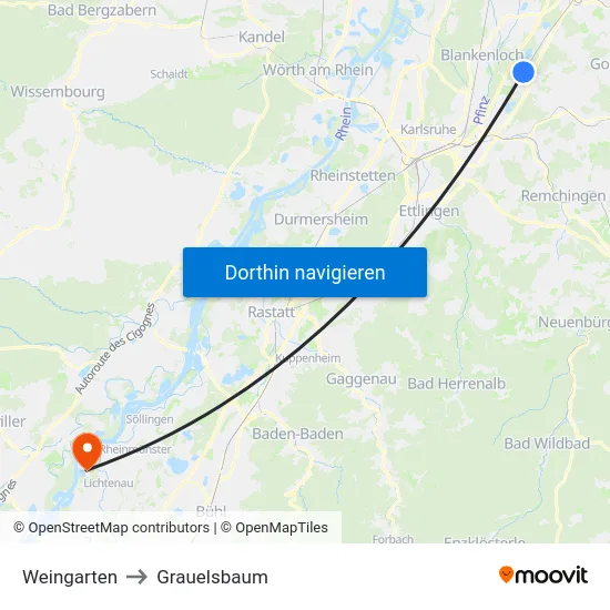 Weingarten to Grauelsbaum map