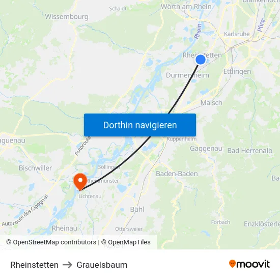 Rheinstetten to Grauelsbaum map