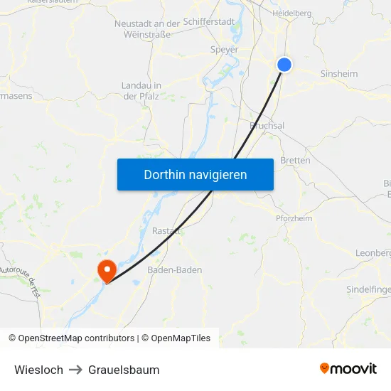 Wiesloch to Grauelsbaum map
