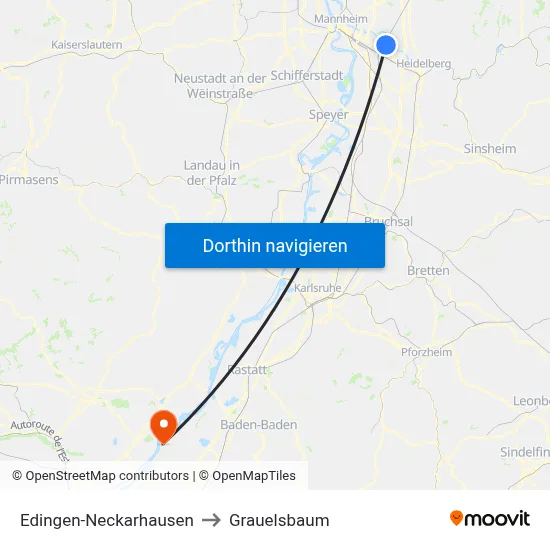Edingen-Neckarhausen to Grauelsbaum map