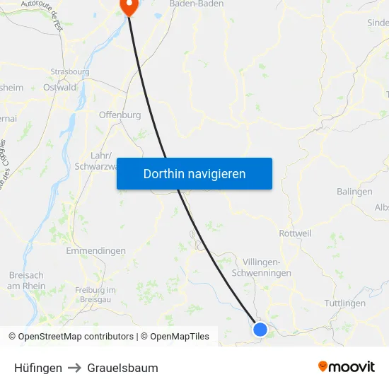 Hüfingen to Grauelsbaum map
