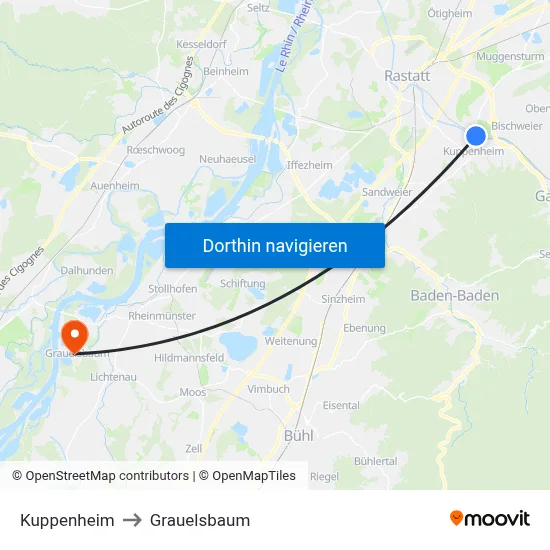 Kuppenheim to Grauelsbaum map