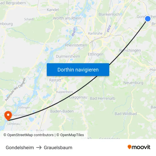 Gondelsheim to Grauelsbaum map